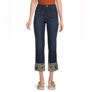Driftwood Colette Floral Embroidered Cuff Straight Jeans Size 26